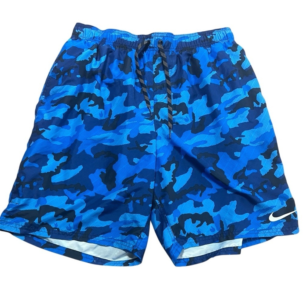 Nike Blue Camo Athletic Swim Shorts Size XL Trunks Drawstring Summer Spring